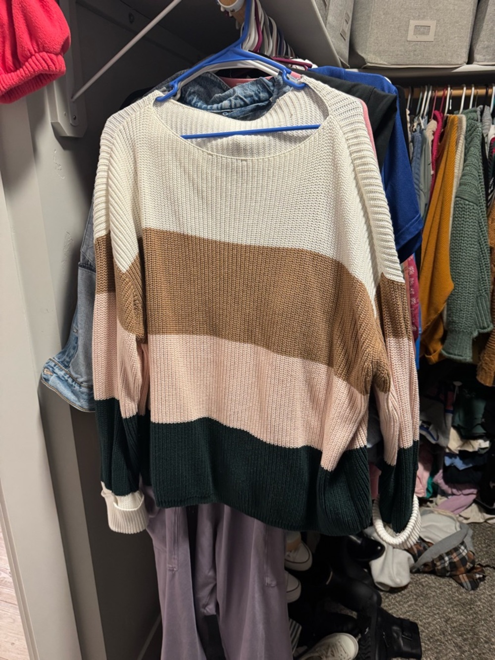 French Connection Cream, Brown, Pink & Green Striped Crew Sweater